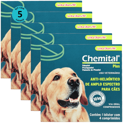 Chemital Plus Com 4 Comprimidos Chemitec Vermífugo Para Cães Kit Com 5 Cx